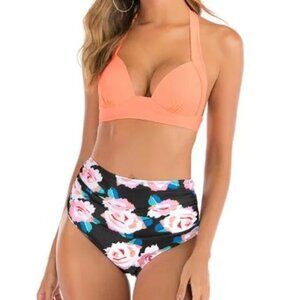 MACOOL HIGH-WAIST Black Pink Floral Ruched Bikini Bottoms Size Medium NWOT
